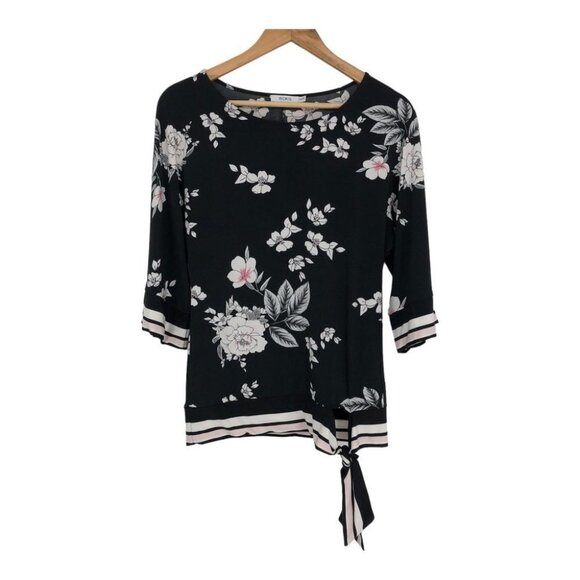 Rickis Black floral Kimono style half sleeve side knot boatneck  blouse XS - Picture 3 of 16
